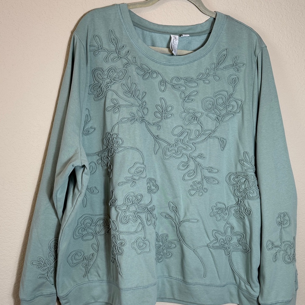 ÇATO Embroidered Crewneck French Terry Sweatshirt Top - Sage Green 3X - Picture 2 of 10